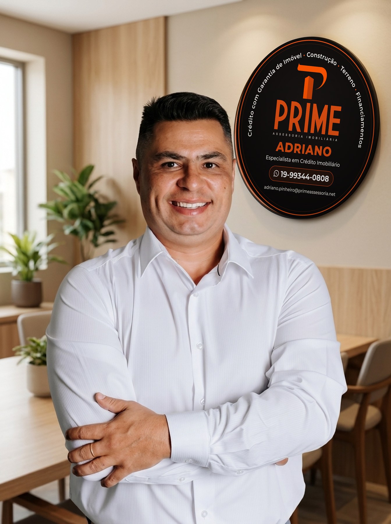 Adriano, especialista em crédito imobiliário, no escritório da Prime Assessoria Imobiliária